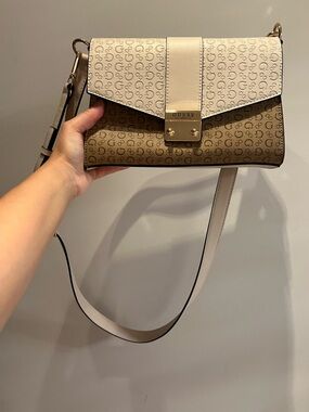 GUESS Two-Tone Logo Crossbody in Cream and Brown Monogram
